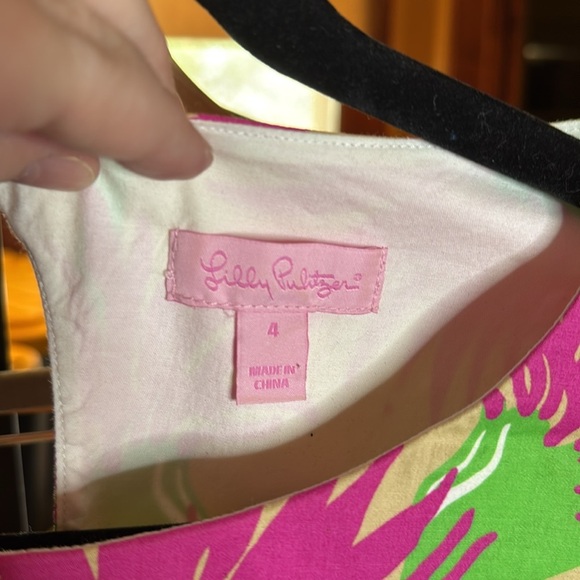 LILLY PULITZER Fiesta Beige Magenta Lime Floral Stretch Cotton Dress Size 4 - Picture 8 of 11